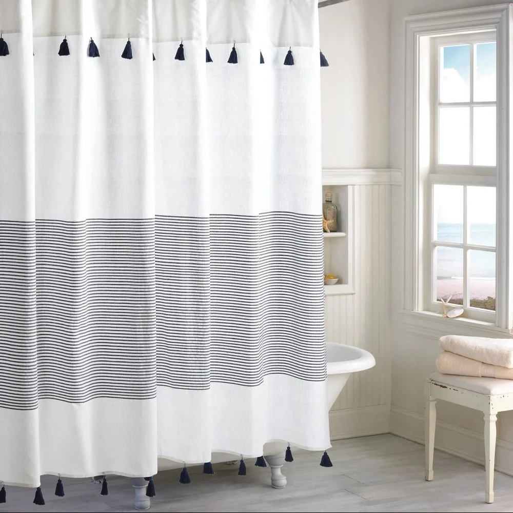 Campanella 100% Cotton Tassel Striped Shower Curtain